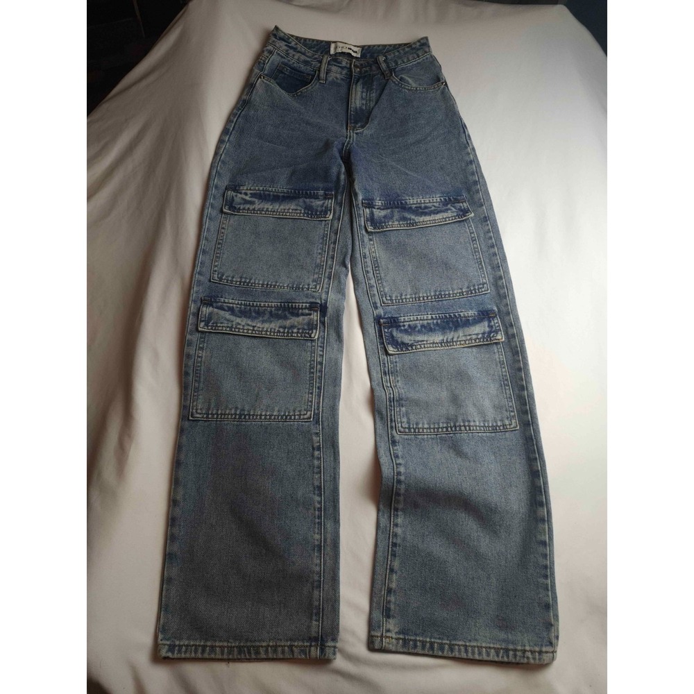 Fashion Nova Jeans Women's Size 0 Blue Denim Cargo Pockets High Rise Wide Leg